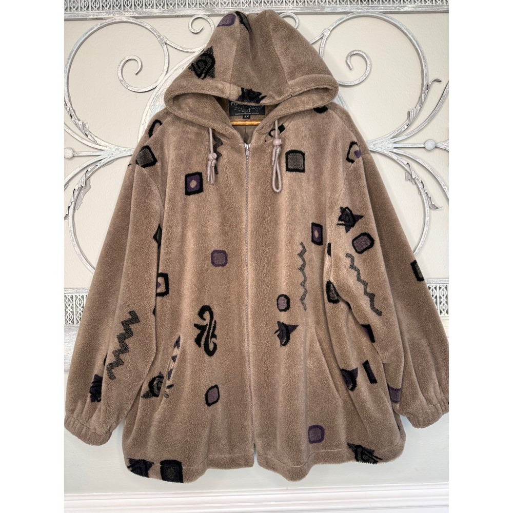 Forecaster Sport Womens 2X Fleece Hooded Jacket Abstract Geometric Taupe Zip Up